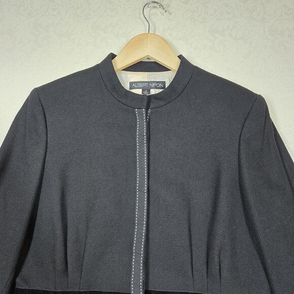 VTG Albert Nipon Suit Jacket 12 Black Cotton Snap Front Peplum Hem Velvet Ribbon - Picture 2 of 14